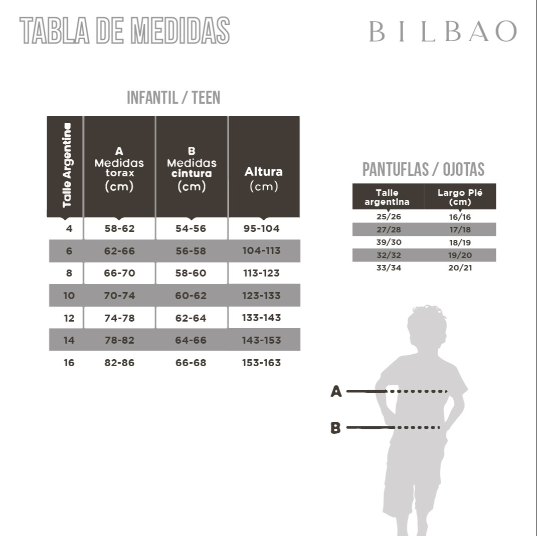 Pijama Infantil CREATY AW Tabla de medidas